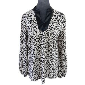 Belle by Kim Gravel Edgy Modern Knit Leopard Top Faux Leather V-Neck Cream Black